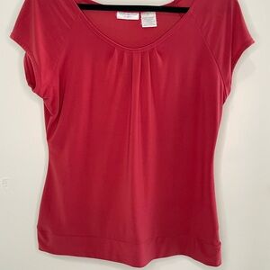 Worthington Stretch Knit Top Gathered Neck Cap Sleeve Red Women's Large Ruffle